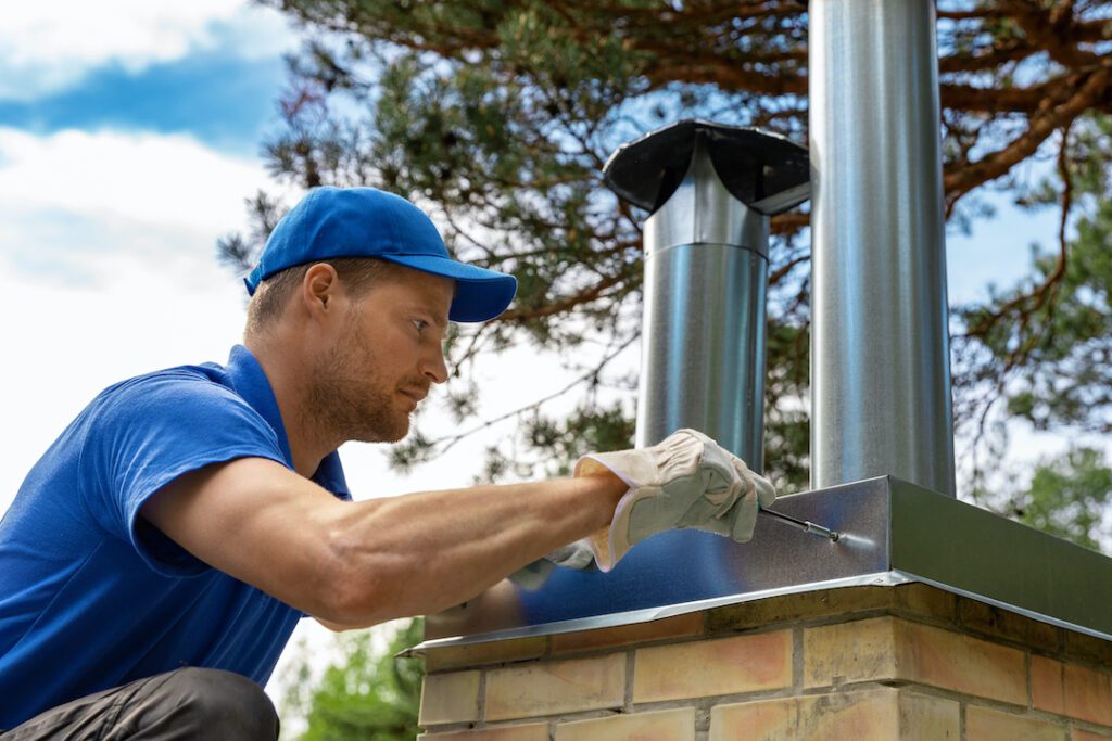 worker on the roof installing tin cap on the brick chimney in preparation for winter