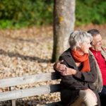 Smiling,Senior,Couple,Sitting,On,The,Bench,Park,While,Looking